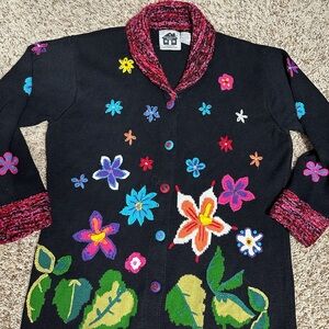 Storybook KnitSweater Floral Embroidered Black Cardigan Size Large